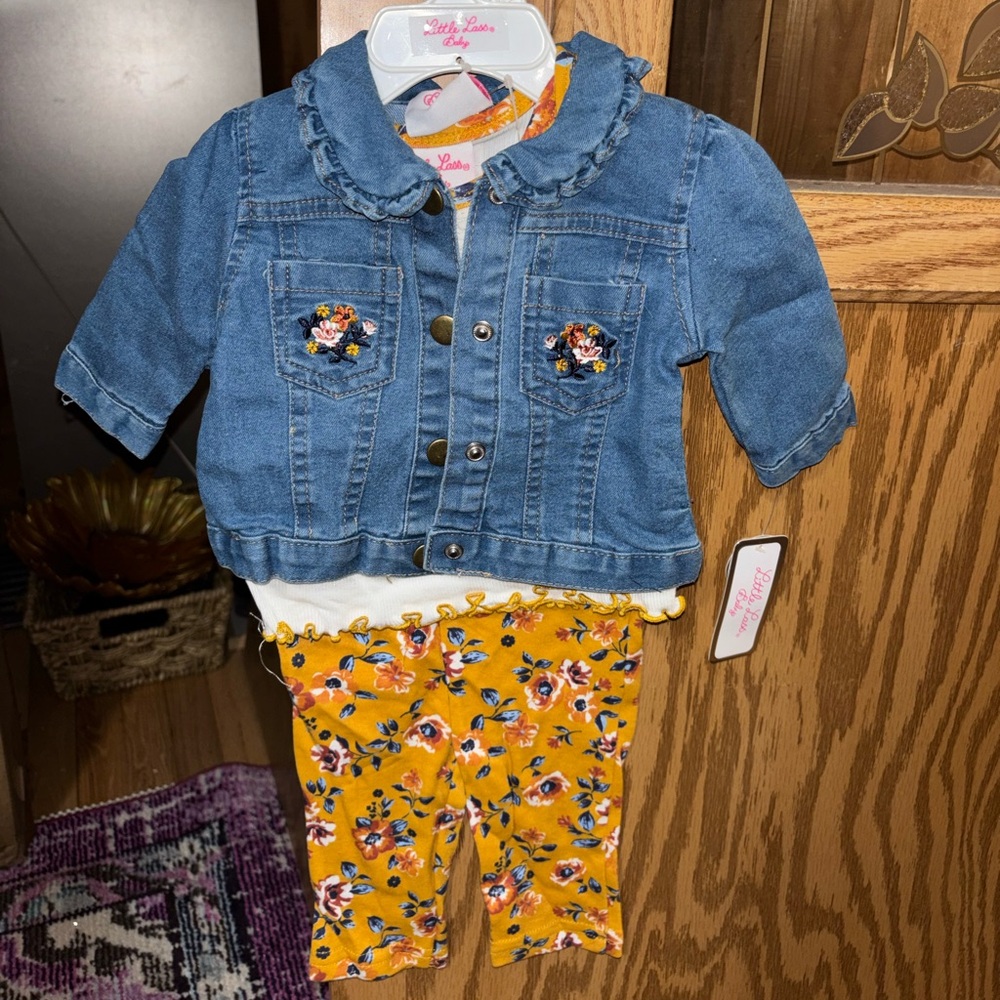 Little Lass Baby 3-Piece Outfit Denim Jacket Floral Leggings 3-6M